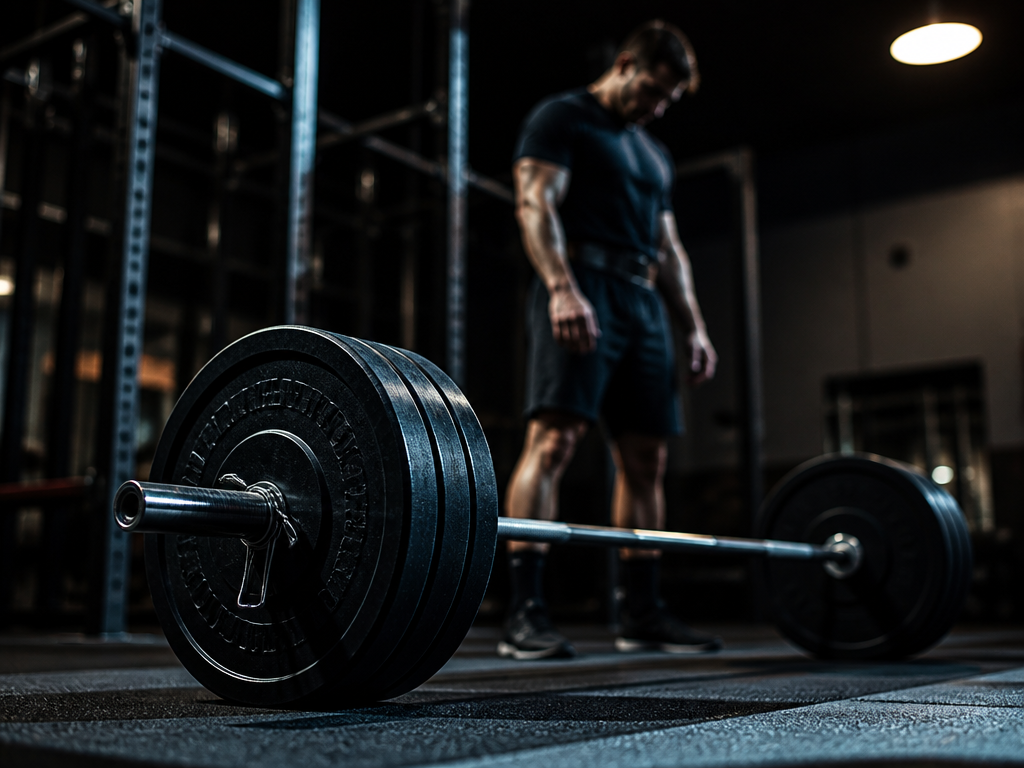 A dramatic low-angle photograph inside a dimly lit strength-training gym, focused on a loaded…