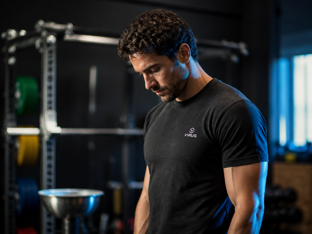 A photorealistic medium shot of a focused intermediate lifter standing beside a power rack…