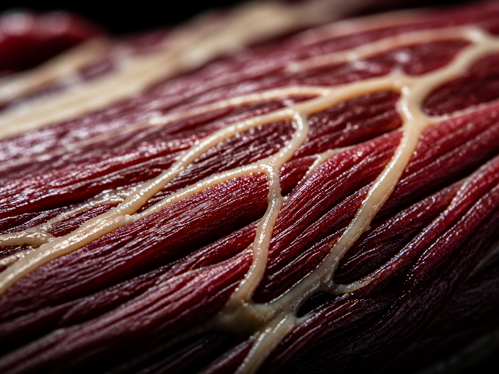 An extreme macro photograph evoking a cross-section of skeletal muscle tissue, captured with a…