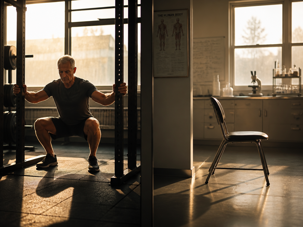 A dramatic side-by-side gym and laboratory composition photographed in natural window light with a…