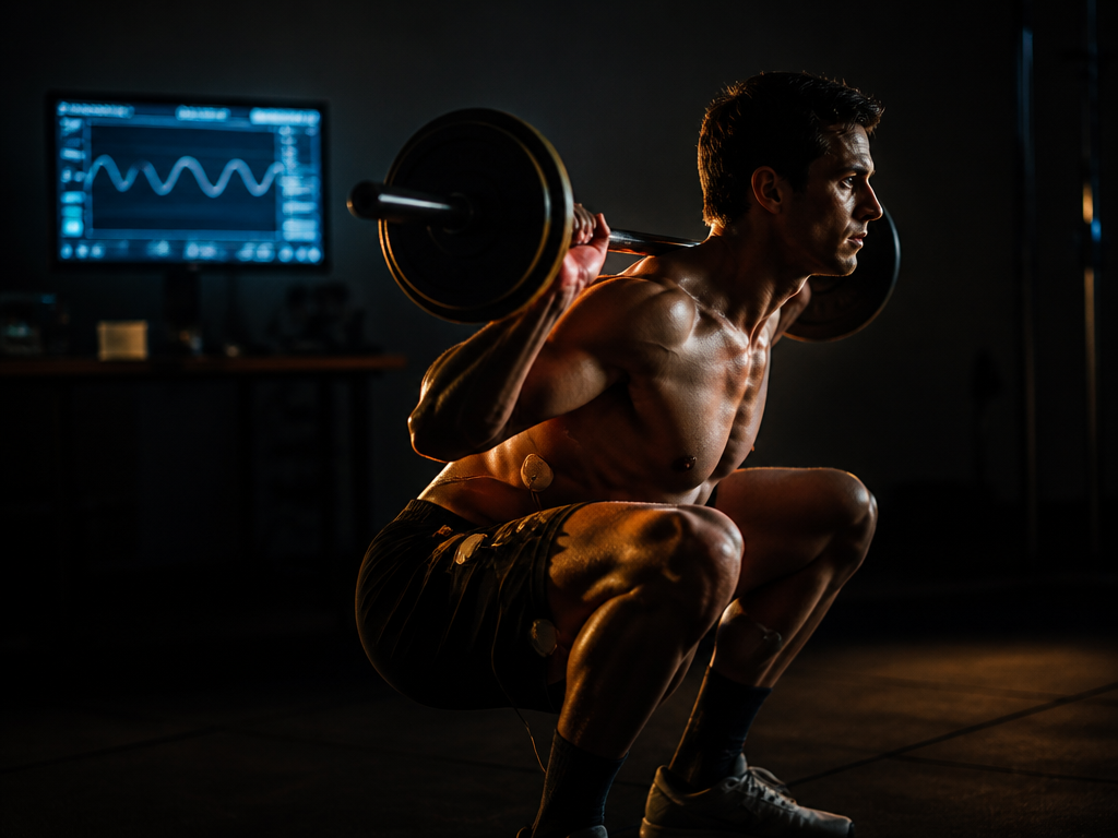 A sports science laboratory at dusk, a single muscular athlete mid-squat under a barbell…