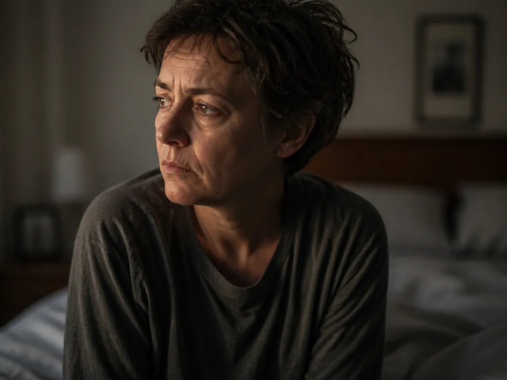 A close-up portrait of a tired middle-aged person sitting on the edge of a…