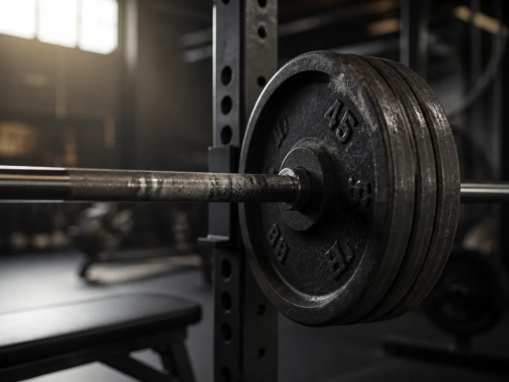 Close-up macro photograph of a loaded barbell resting motionless on a power rack, knurling…