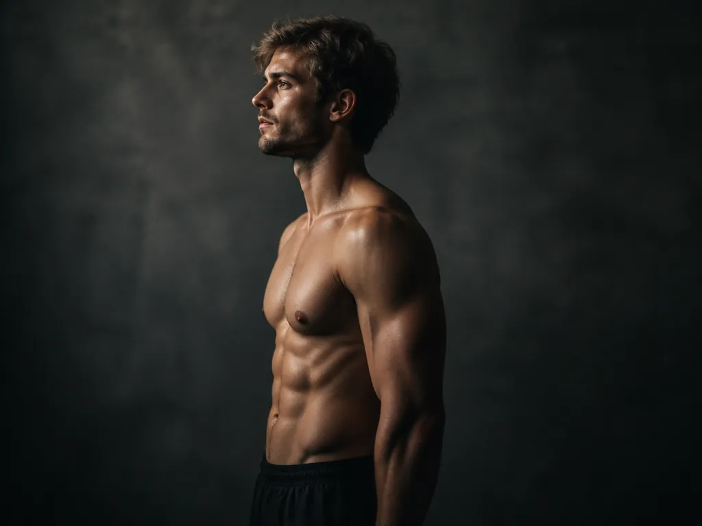 A professional gym studio portrait of a lean athletic adult standing in profile against…