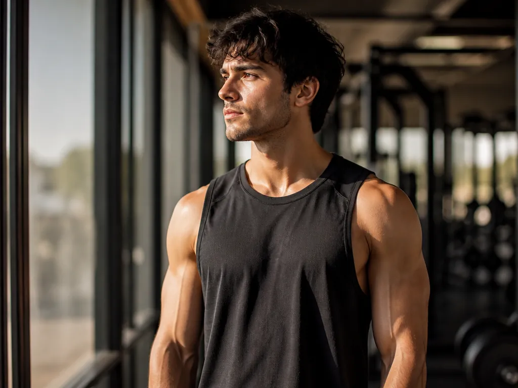 A lean, athletic young man standing alone in a sunlit training facility, gazing thoughtfully…
