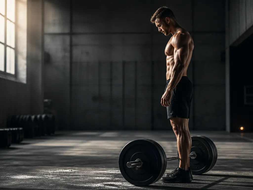 A lone muscular male athlete standing in profile before a heavy loaded barbell on…