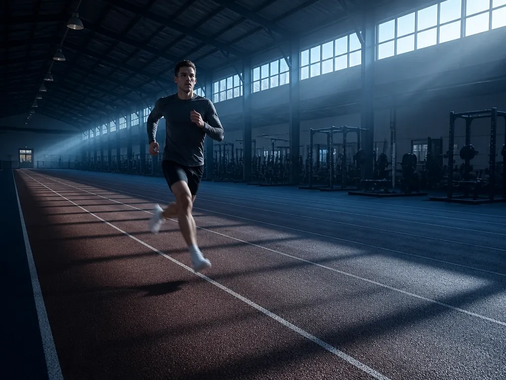 A lone runner on an empty rubberized indoor track at dawn, shot from a…