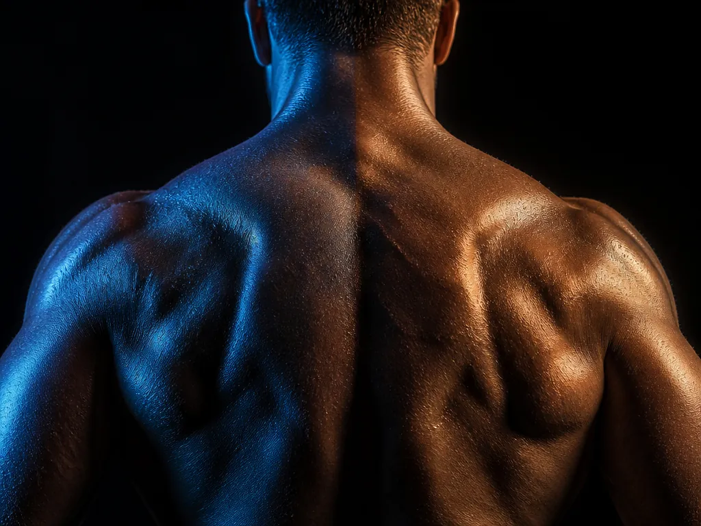 A dramatic split-toned close-up of a muscular human back and shoulders under cool blue…