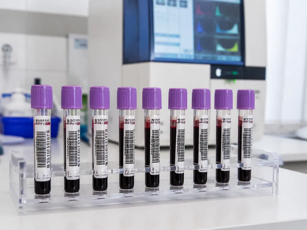 A photorealistic laboratory scene showing labeled vials of venous blood samples arranged in a…