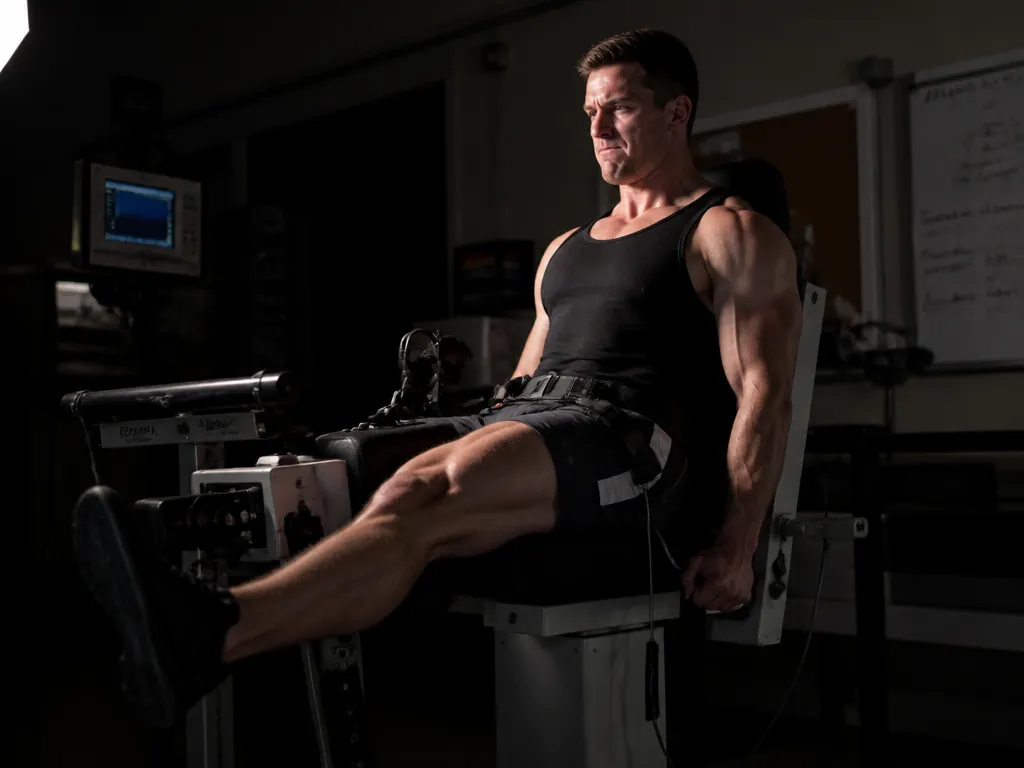 A photorealistic wide shot of a focused trained man performing a single-leg knee-extension on…