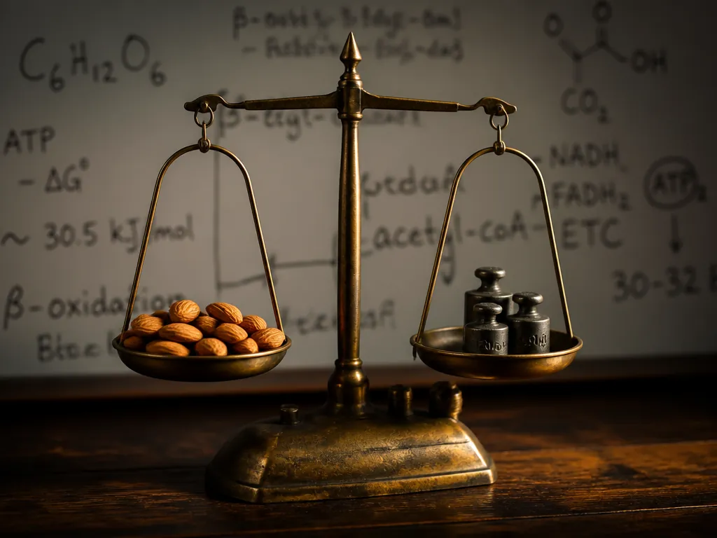 A close-up macro photograph of a vintage brass balance scale on a dark walnut…