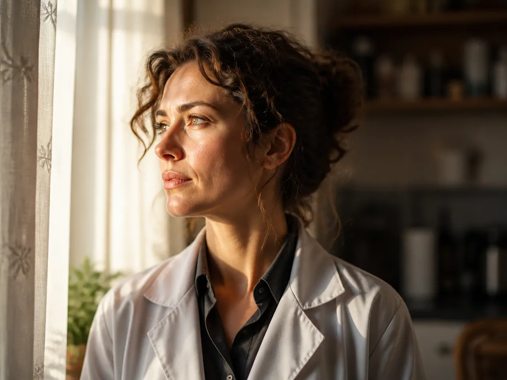 A contemplative portrait of a lone researcher standing at a sunlit kitchen window early…