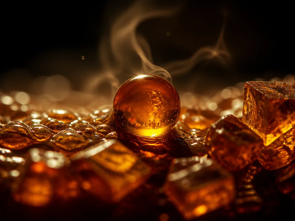 An extreme macro photograph capturing the abstract beauty of cellular chemistry: a dramatically lit…