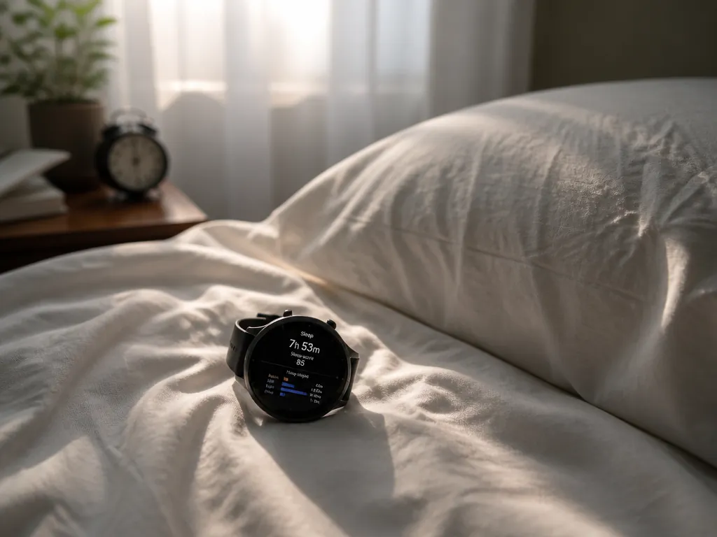 A photorealistic early-morning bedroom photograph capturing the quiet mood of sleep-recovery tracking: a smartwatch…