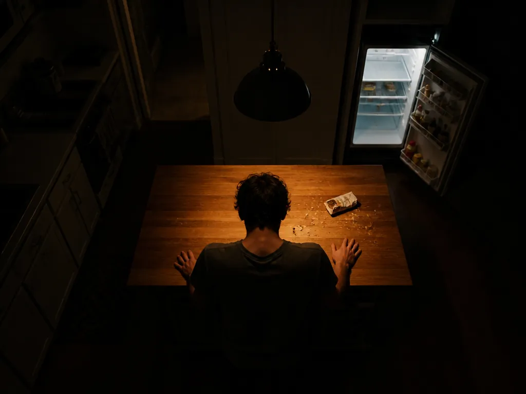 A photorealistic overhead shot of a dim kitchen at night, a single warm pendant…