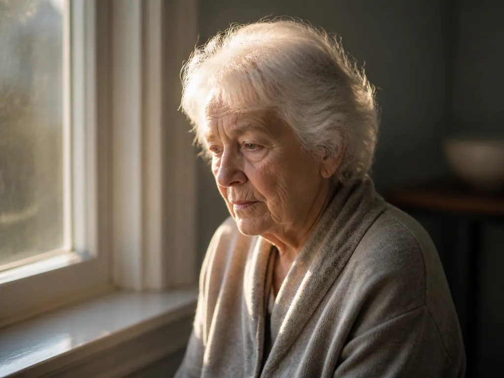 A photorealistic close-up photograph of an older woman in her seventies sitting alone by…