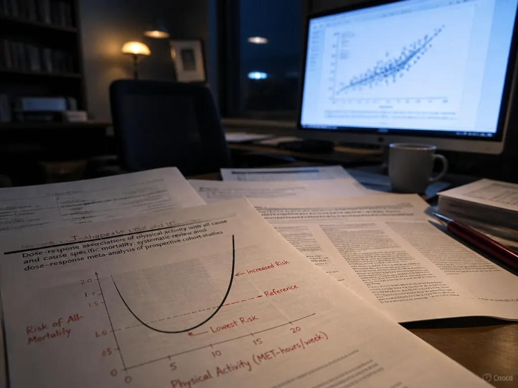 A photorealistic photograph of a research desk in a dim university office at night…