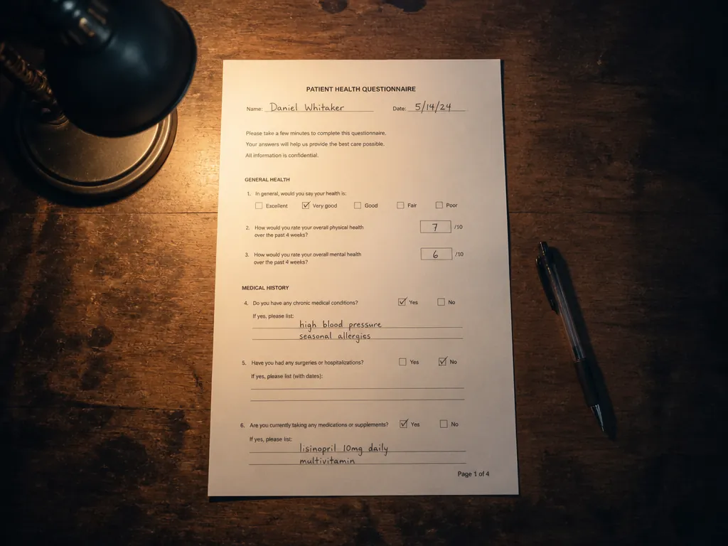 A photorealistic overhead photograph of a paper questionnaire lying on a worn wooden clinic…