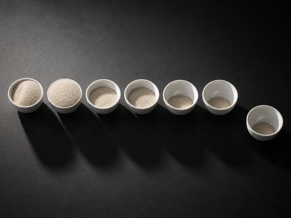 A tightly composed overhead still-life photograph of seven identical small white ceramic bowls arranged…