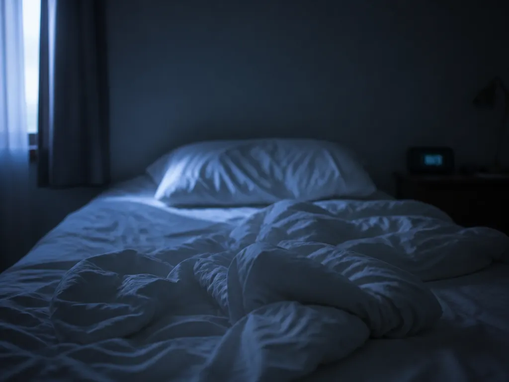 A wide interior photograph of a single unmade bed in a spare bedroom, shot…
