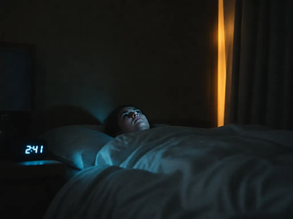 A photorealistic wide-angle photograph of a dark bedroom at night, shot from the foot…
