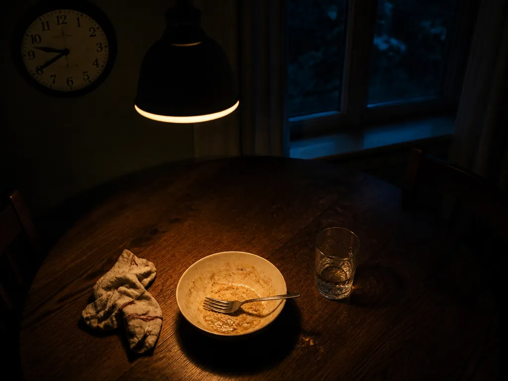 A photorealistic overhead photograph of a dimly lit dining table at night, shot from…
