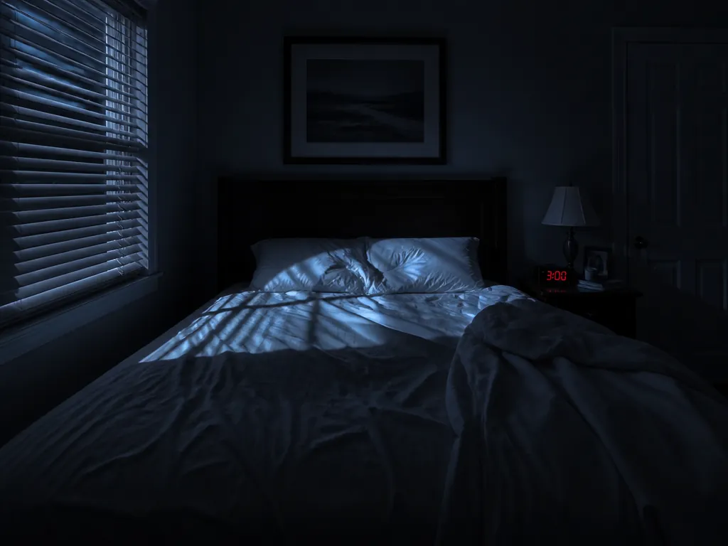 A photorealistic bedroom photograph taken at 3 a.m., wide shot on a 24mm lens…