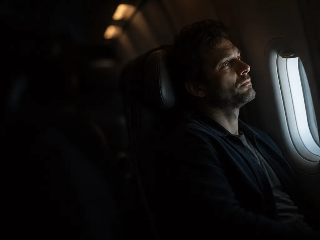 A lone traveler seated by the window in a dim long-haul cabin at night…
