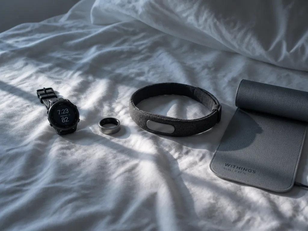 A photorealistic overhead still-life photograph of a rumpled white bedsheet at dawn, with four…