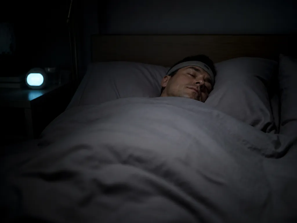 A photorealistic low-light bedroom photograph taken from the foot of the bed: a person…