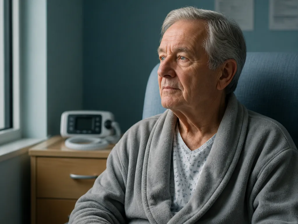 A photorealistic environmental portrait of an older adult patient seated in a chair by…
