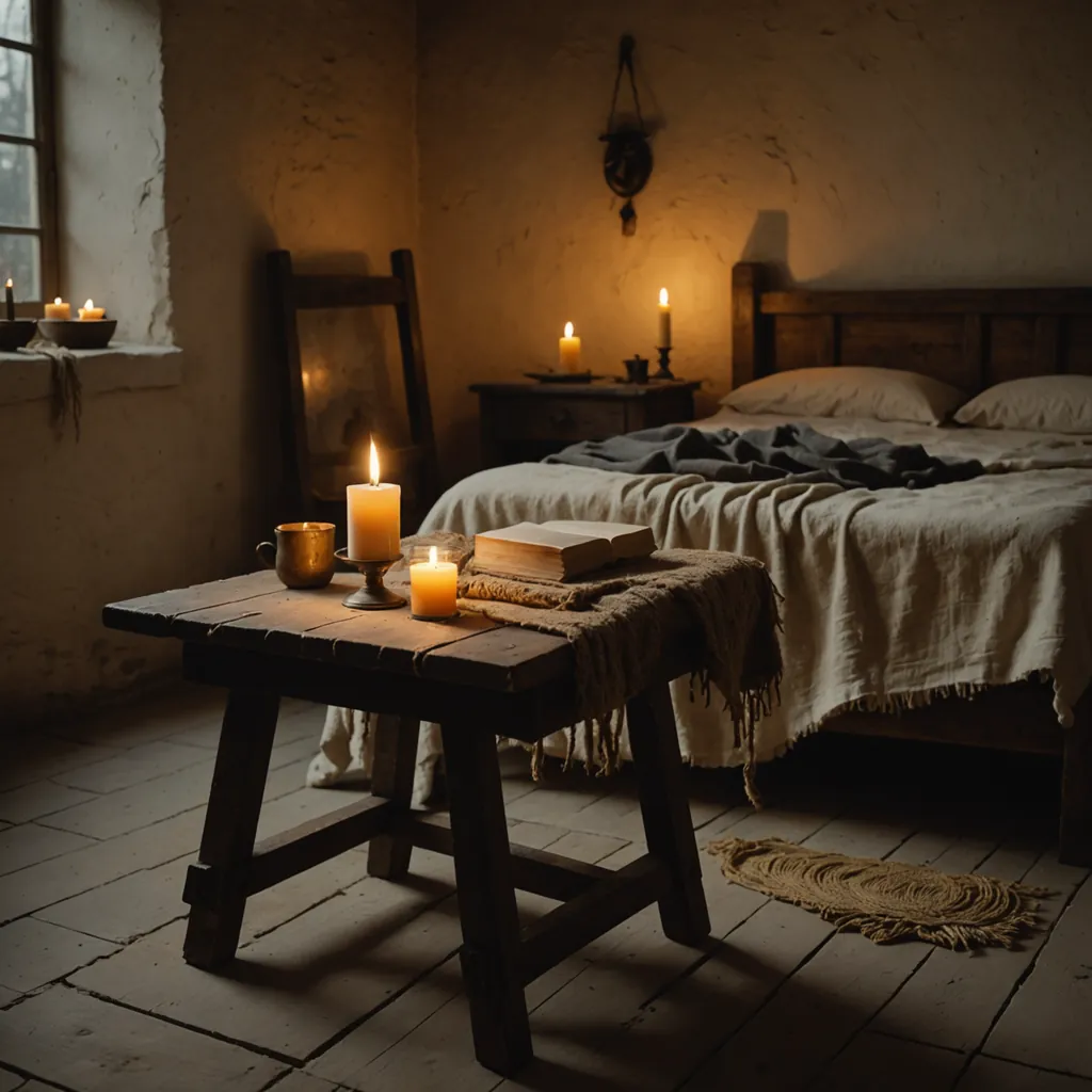 A photorealistic candlelit interior scene staged as a pre-industrial European bedroom at dusk, low…